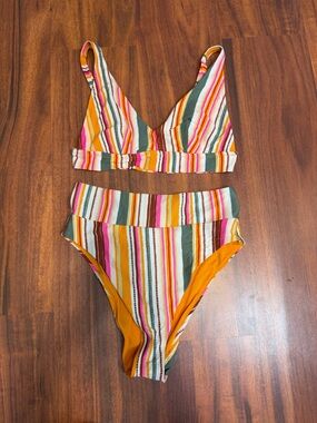 aerie Striped Kids Bikini in Mustard, Pink & Green